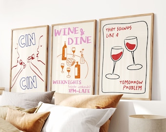 Set of 3 Print, Trendy Cin Cin Cheers Print, Retro Wine Poster, Wine and Dine Club Print, Bar Cart Art Print, Maximalist Kitchen Print