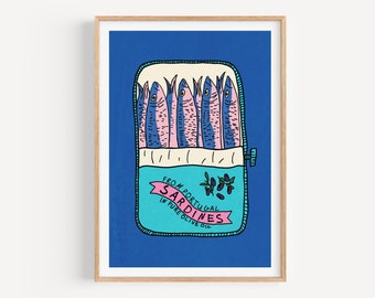 Retro Sardines Tin Art Print, Fish Can Food Art, Maximalist Kitchen Gallery Decor, Vintage Foodie Gift, Trendy Mediterranean Seafood Print