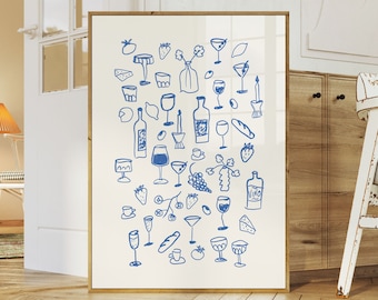 Retro Dinner Table Print, Food and Drinks Illustrations Poster, Maximalist Kitchen Gallery Wall Art, Apartment Decor, Bar Cart Art Print