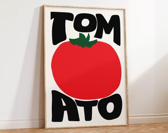 May include: A white poster with the word "TOMATO" in black letters with a red tomato in the center. The tomato has a green stem and leaves.