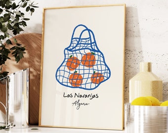 Las Naranjas Retro Print, Oranges Wall Art Print, Bag with Oranges, Trendy Kitchen Art, Hand Drawn Food Illustration, Fruit Market Print