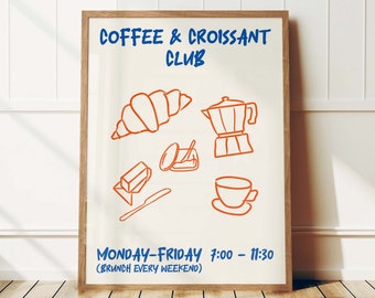 Coffee and Croissant Club Retro Food Print, Breakfast Print, French Croissant Poster, Mid Century Modern Print, Kitchen Art, Typography Art