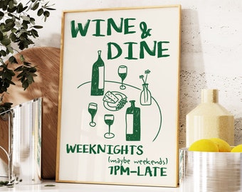 Wine & Dine Club Retro Food Print, Printable, Vintage Wine Print, Mid Century Modern Print, Kitchen Wall Gallery Decor, Drinks Print