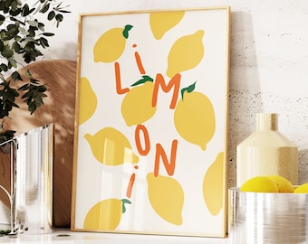 Lemons Wall Art Print, Amalfi Lemons Italy Retro Print, Trendy Kitchen Art, Food Illustration, Fruit Market Print, Citrus Fruit Print