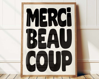 Merci Beaucoup Retro Print, Trendy Typography Print, French Quote Poster, Mid Century Modern Print, Aesthetic Wall Art Print, Typography Art