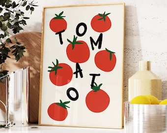 May include: A white background with the word "TOMATO" spelled out in black letters. The letters are surrounded by red tomatoes with green stems and leaves.