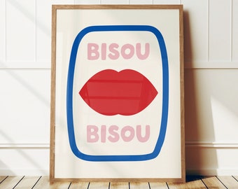 Bisou Retro Print, French Print, French Kiss Poster, Maximalist Kitchen Print,  French Wall Art Gallery Decor, Hand Drawn Art, Trendy Art