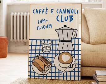 Coffee and Cannoli Club Retro Food Print, Italian Breakfast Print, Trendy Food Art Print, Mid Century Modern Print, Retro Kitchen Art