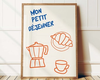 Coffee and Croissant Retro Food Print, Breakfast Print, French Croissant Poster, Mid Century Modern Print, Kitchen Art, Typography Art Print