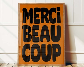 Merci Beaucoup Retro Print, Trendy Typography Print, French Quote Poster, Mid Century Modern Print, Aesthetic Wall Art Print, Black Orange