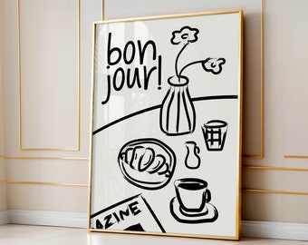 Bojour Poster, French Breakfast Art Print, French Coffee Poster, Croissant Breakfast Print, Retro Food Art Print, Kitchen Gallery Wall Art