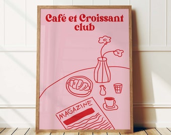 Coffee and Croissant Club Retro Food Print, Breakfast Print, French Croissant Poster, Mid Century Modern Print, Kitchen Art, Typography Art