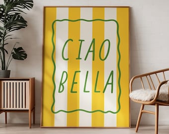 Retro Italian Quote Ciao Bella Print, Trendy Pastel Yellow and Green Y2k Poster, Aesthetic Preppy Wall Art, Cute Dorm Apartment Decor