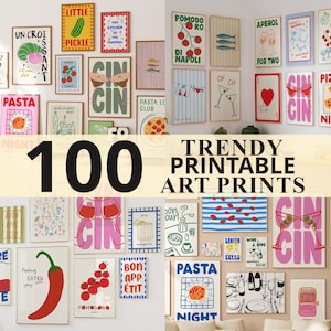 May include: A display of 100 trendy printable art prints, showcasing food and drink-themed illustrations. The prints feature images of pasta, cocktails, and fruits, with text including "Pasta Night" and "Cin Cin". The prints are arranged on a white wall.