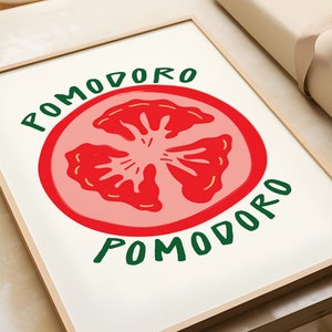 Puede incluir: Una impresi&oacute;n enmarcada blanca con una ilustraci&oacute;n de tomate rojo y rosa y el texto "POMODORO" en letras verdes.