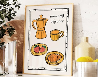Mon Petit Dejeuner Print, Retro French Breakfast Print, Maximalist Kitchen Decor, Coffee Wall Art, Aesthetic Apartment Print, Hand Drawn Art