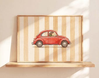 Vintage Car Nursery Wall Art, Red Classic Car Print for Boys Room, Neutral Baby Room Decor, Whimsical Nursery Illustration, Digital