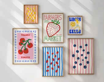Kitchen Gallery Wall Set, Trendy Fruit and Food Print, Colorful Apartment Wall Art, Home Decor Ideas, Dining Room Art, Cottage Core, DIGITAL