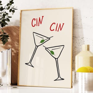 Trendy Cin Cin Print, Martini Cheers Print, Cocktail Print, Bar Cart Art Print, Maximalist Kitchen Print, Home Decor, Drink Sketch