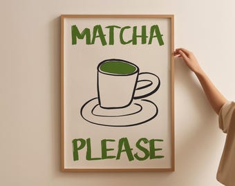 Retro Matcha Please Print, Trendy Kitchen Wall Art, Coffee Bar Decor, Drink Illustration, Cafe Poster, Matcha Latte Print, Apartment Decor