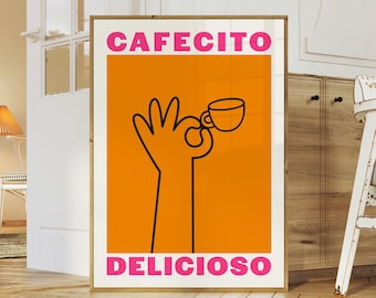 Retro Coffee Print, Spanish Espresso Poster, Trendy Kitchen Wall Art, Aesthetic Apartment Decor, Coffee Bar Decor, Cafecito Print