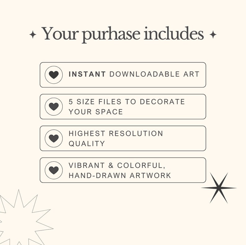 May include: A graphic with the text "Your purchase includes" and four buttons with hearts. The buttons list the following: Instant downloadable art, 5 size files to decorate your space, Highest resolution quality, Vibrant & colourful, hand-drawn artwork.