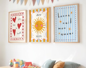 Set of 3 Nursery Prints, Colorful Kids Room Prints, Cute Playroom Wall Art, Boho Room Decor, Mon Soleil, Bonne Nuit Prints, DIGITAL