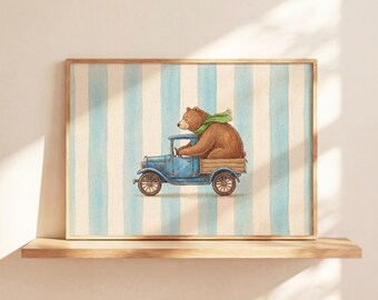 Vintage Bear Truck Nursery Wall Art Print, Blue Striped Baby Boy Room Decor, Woodland Farmhouse Nursery Art, Kids Wall Decor, Digital