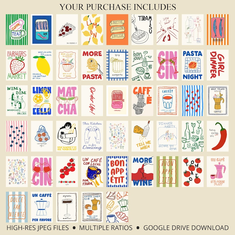 mega retro kitchen gallery wall art set of 90,... Retro Gallery Wall Set of 50, Trendy Kitchen Food & Drinks Prints ...