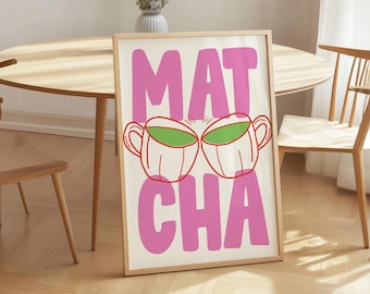 Matcha Kitchen Print, Retro Coffee Poster, Trendy Aesthetic Apartment Decor, Coffee Tea Bar Wall Art, Pink Matcha Mugs Print, Hand Drawn Art