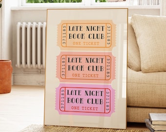 Late Night Book Club Ticket Print, Bedroom Decor, Retro Aesthetic Book Lover Wall Art, Cute Wall Art, Reading Corner Home Decor, Unique Gift