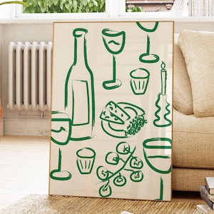 Retro Food Table Print, Wine and Cheese Print, Food and Drinks Illustration, Kitchen Gallery Wall Art, Apartment Decor, Bar Cart Art Print