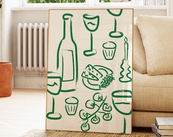 Retro Food Table Print, Wine and Cheese Print, Food and Drinks Illustration, Kitchen Gallery Wall Art, Apartment Decor, Bar Cart Art Print