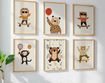 Set of 6 Nursery Prints, Whimsical Animal Prints, Kids Room Wall Art, Cute Playroom Decor, Adventorous Boho Nursery Wall Art, DIGITAL