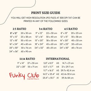 May include: A chart with a print size guide for digital downloads. The chart lists different aspect ratios and corresponding print sizes in inches and centimeters. The chart also includes international paper sizes and their corresponding dimensions in inches and centimeters.