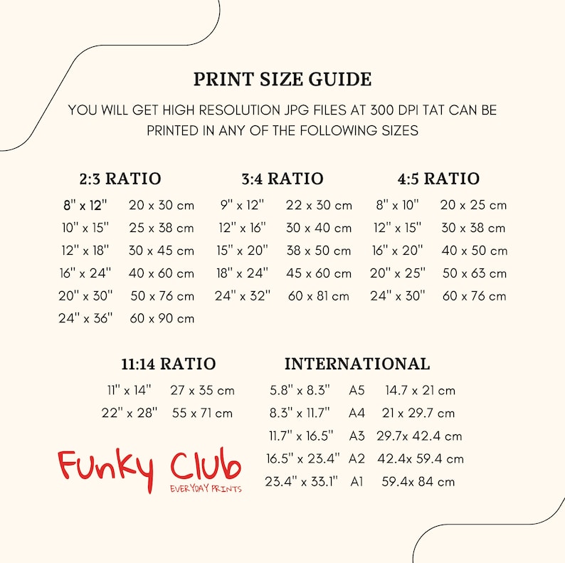 May include: A chart with a print size guide for digital downloads. The chart lists different aspect ratios and corresponding print sizes in inches and centimeters. The chart also includes international paper sizes and their corresponding dimensions in inches and centimeters.