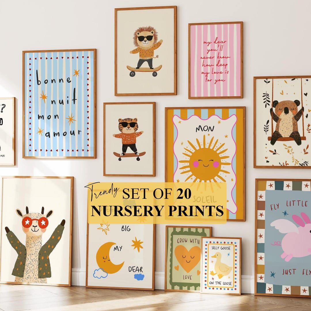 Set of 20 Nursery Prints, Colorful Kids Room Prints, Playroom Wall Art ...