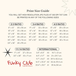 May include: Print size guide for digital prints, showing different aspect ratios and corresponding dimensions in inches and centimetres, as well as international paper sizes with their corresponding dimensions in inches and centimetres.
