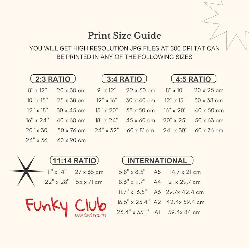 May include: Print size guide for digital prints, showing different aspect ratios and corresponding dimensions in inches and centimetres, as well as international paper sizes with their corresponding dimensions in inches and centimetres.
