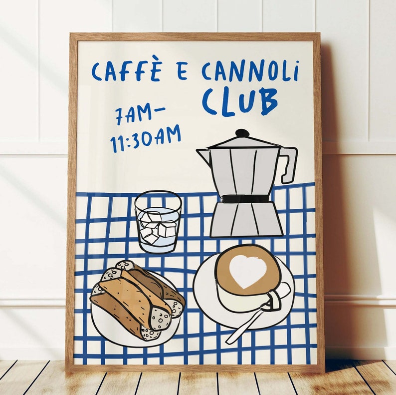 May include: A white and blue checkered tablecloth with a coffee pot, a glass of ice water, a plate of cannoli, and a cup of cappuccino. The text "Caffe e Cannoli Club" and "7AM-11:30AM" is written on the white background.