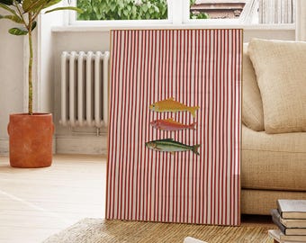 Striped Sardines Print, Retro Aesthetic Kitchen Wall Art, Maximalist Fish Print, Vintage Foodie Gift, Mediterranean Seafood Decor, DIGITAL