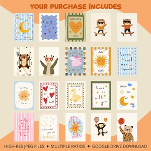 Puede incluir: Un conjunto de tarjetas ilustradas con diversos dise&ntilde;os, incluyendo una luna, sol, animales y corazones. Cada tarjeta presenta texto &uacute;nico y un borde colorido. La frase "YOUR PURCHASE INCLUDES" est&aacute; en la parte superior, con detalles de los archivos en la parte inferior.