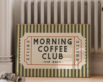 Coffee Club Wall Art Print, Coffee Station Bar Poster, Green Stripe Retro Ticket Kitchen Decor, Mid Century Modern Cafe Sign