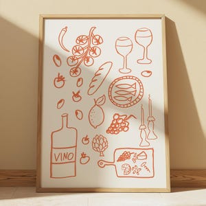 Retro Dinner Table Print, Food and Drinks Illustrations Poster, Trendy Maximalist Kitchen Wall Art, Apartment Decor, Bar Cart Art Print