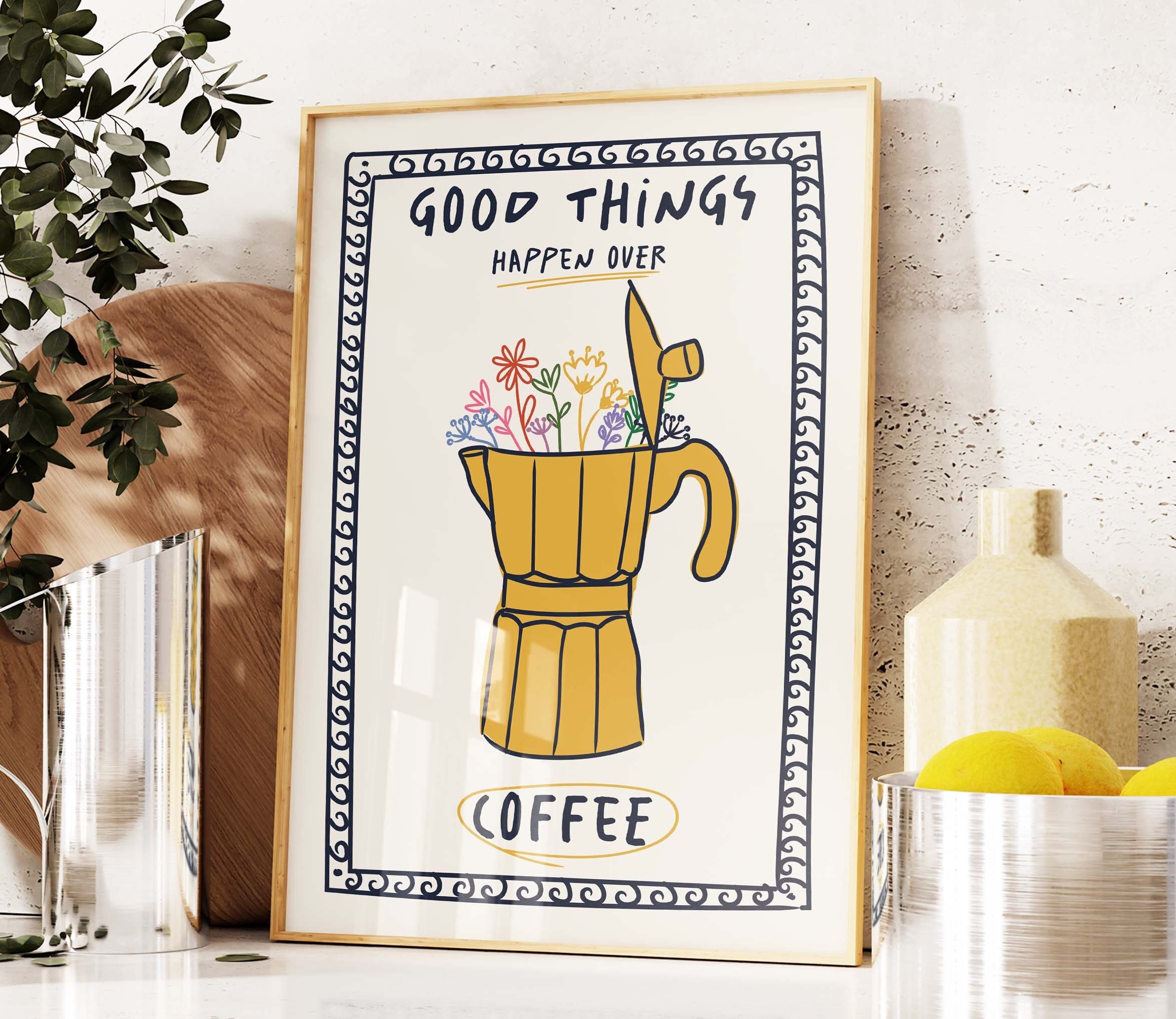 Retro Coffee Print, Coffee Bar Wall Art, Maximalist Kitchen Print