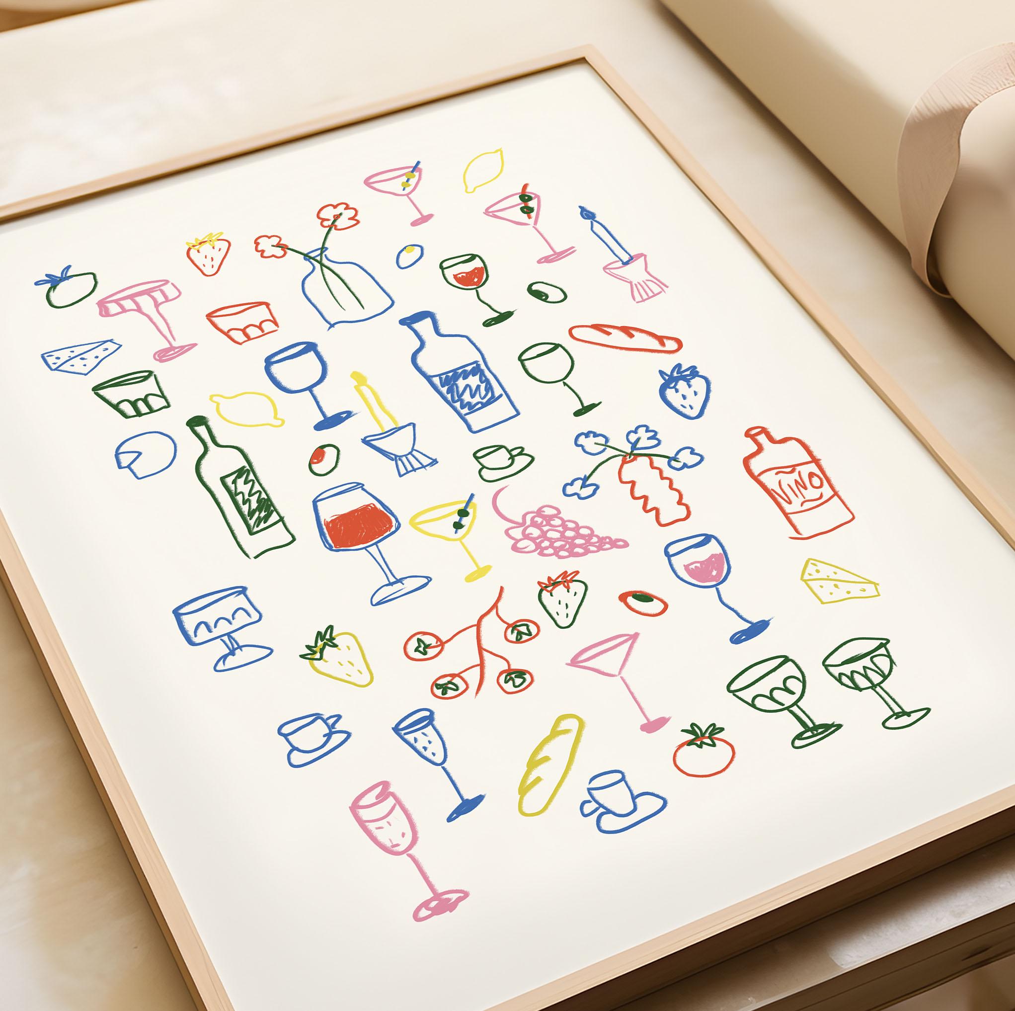 Print Set of 2, Retro Dinner Table Set Print, Food and Drinks ...