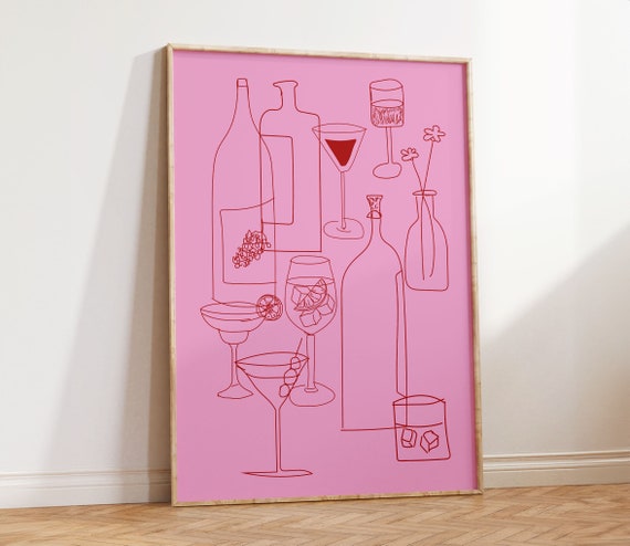 Cocktail Dinner Party Poster, Hand Drawn Retro Drink Print, Mid Century Modern Print, Funky Apartment Decor, Pink Bar Cart Print