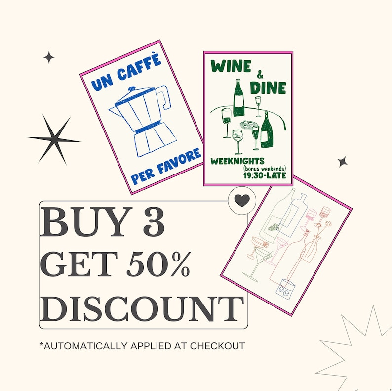 Puede incluir: Compra 3 y obt&eacute;n un 50% de descuento. Tres tarjetas ilustradas con bordes rosas. La primera tarjeta dice "Un Caffe Per Favore" y presenta una cafetera. La segunda tarjeta dice "Wine & Dine" y presenta una mesa con copas de vino y botellas. La tercera tarjeta dice "Weeknights (bonus weekends) 19:30-Late" y presenta una copa de martini, copas de vino y botellas.