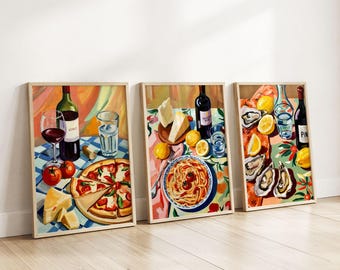 Set of 3 Print, Mediterranean Food and Wine Posters, Colorful Still Life Paintings, Dining Room Decor, Kitchen Wall Art, Digital Painting