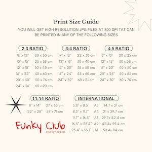 Puede incluir: Gu&iacute;a de tama&ntilde;os de impresi&oacute;n con dimensiones en cm. Incluye tama&ntilde;os como 20x30 cm, 25x38 cm y 30x45 cm. Tambi&eacute;n se indican formatos internacionales como A5 (14,7x21 cm) y A4 (21x29,7 cm). El logotipo de Funky Club est&aacute; en la parte inferior.